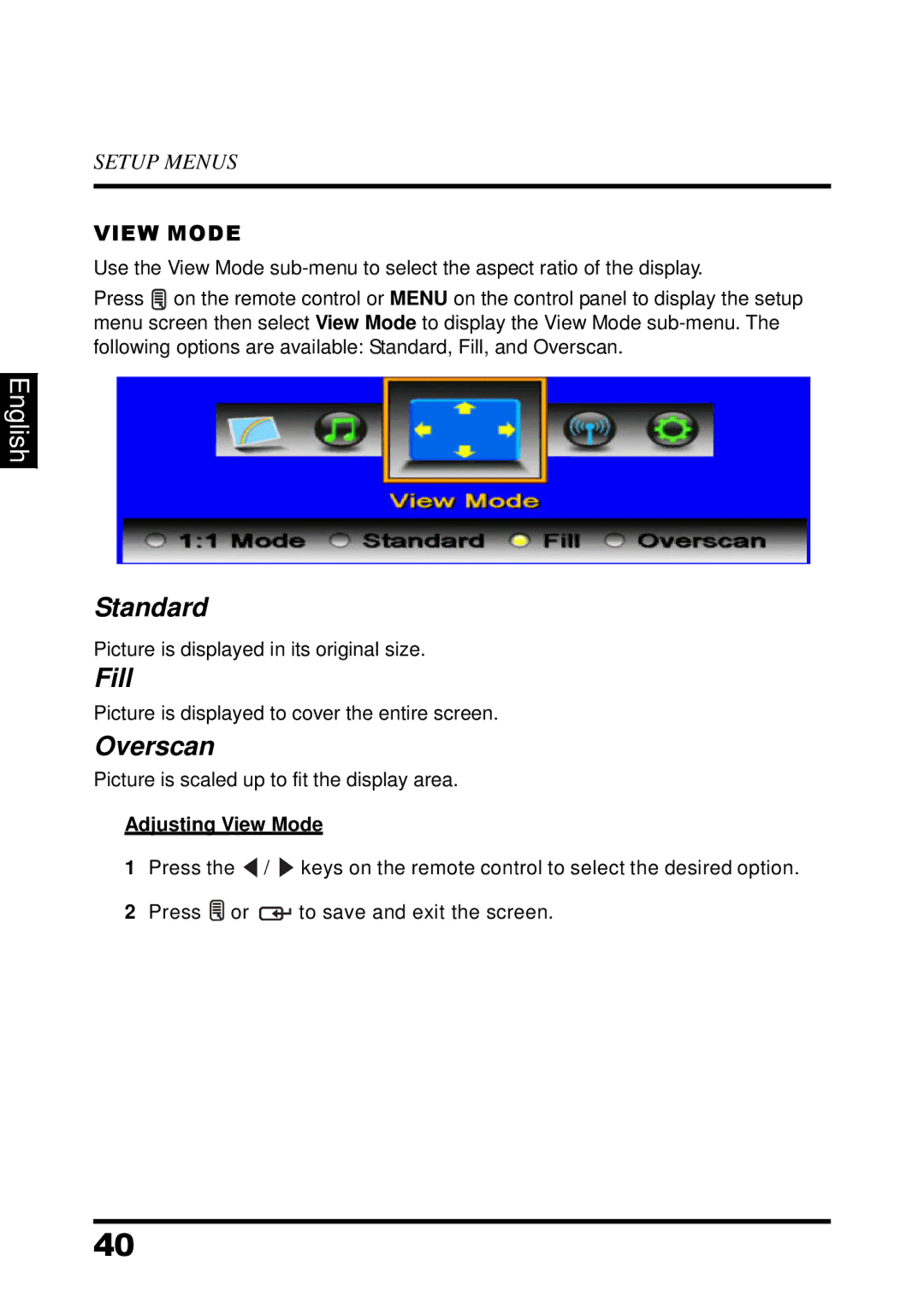 Westinghouse UW32S3PW manual Standard, Fill, Overscan, Adjusting View Mode 