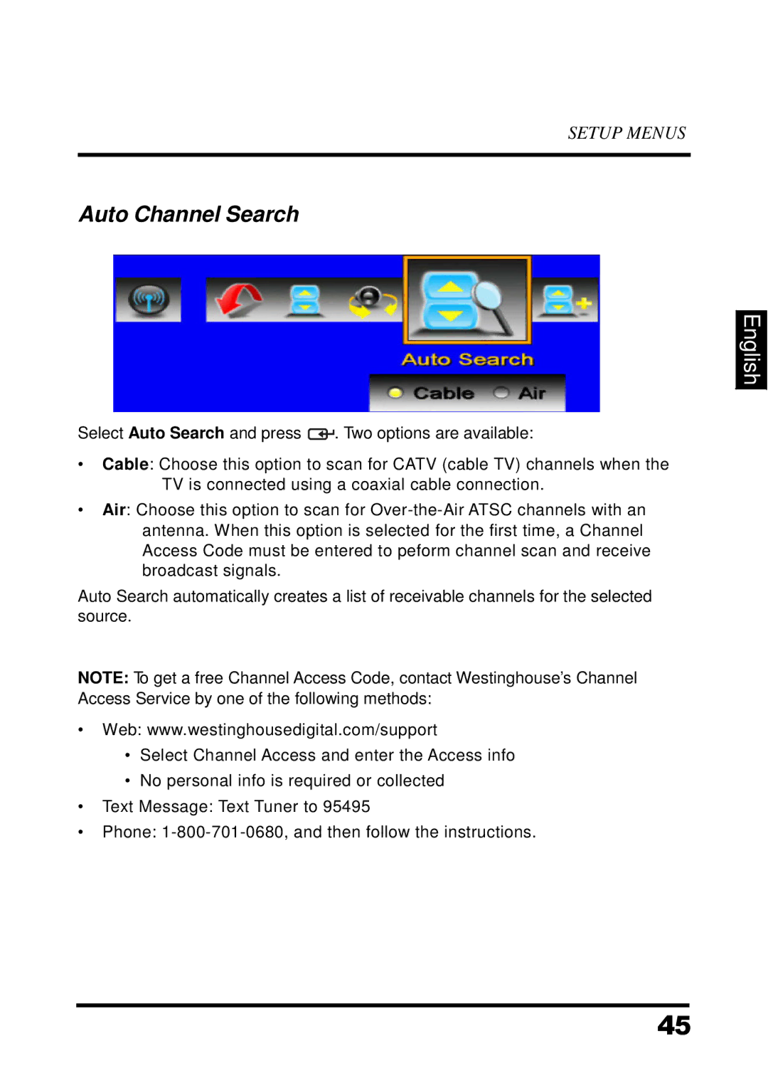 Westinghouse UW32S3PW manual Auto Channel Search 