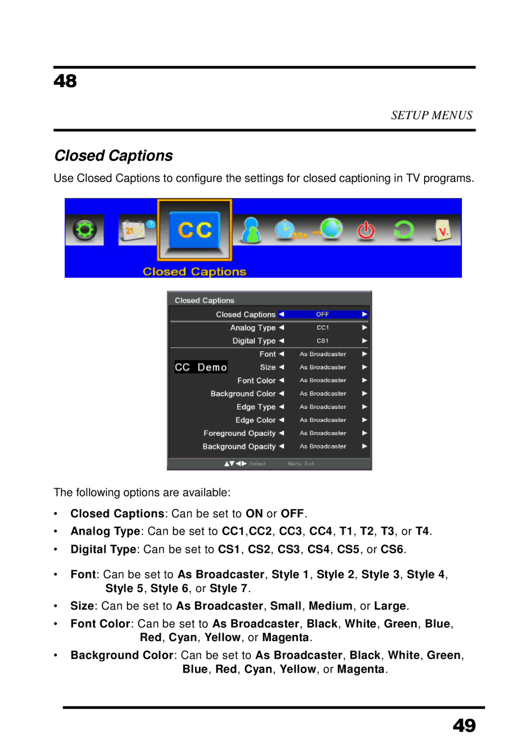 Westinghouse UW32S3PW manual Closed Captions Can be set to on or OFF 