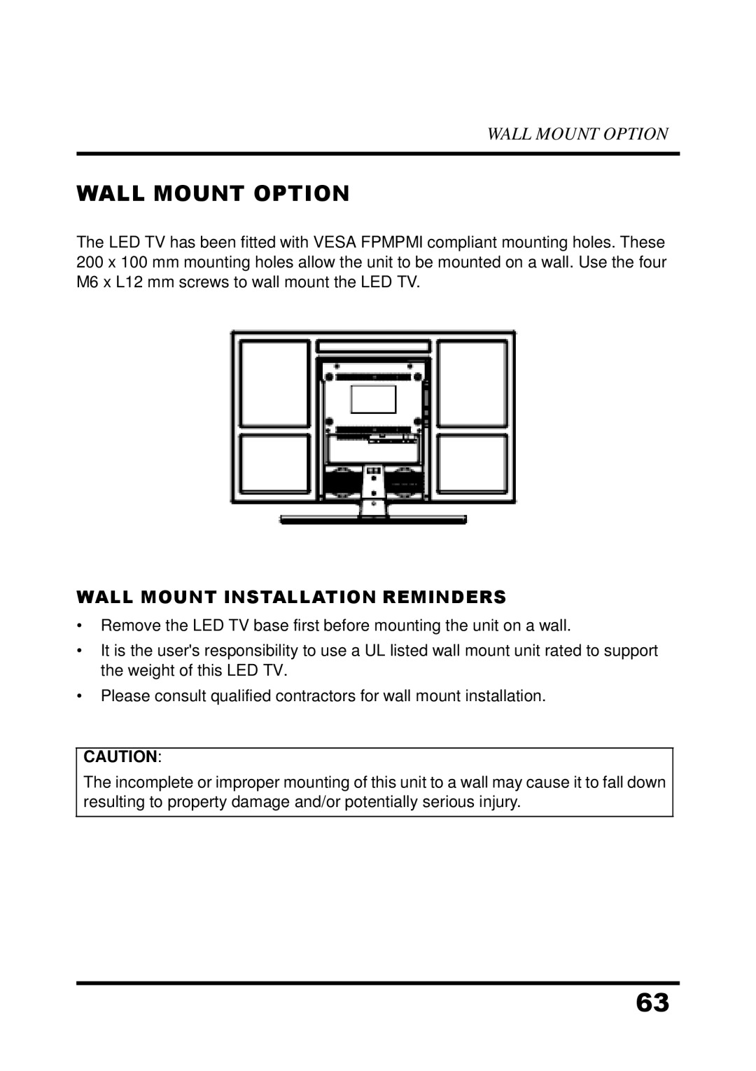 Westinghouse UW32S3PW manual Wall Mount Option, Wall Mount Installation Reminders 