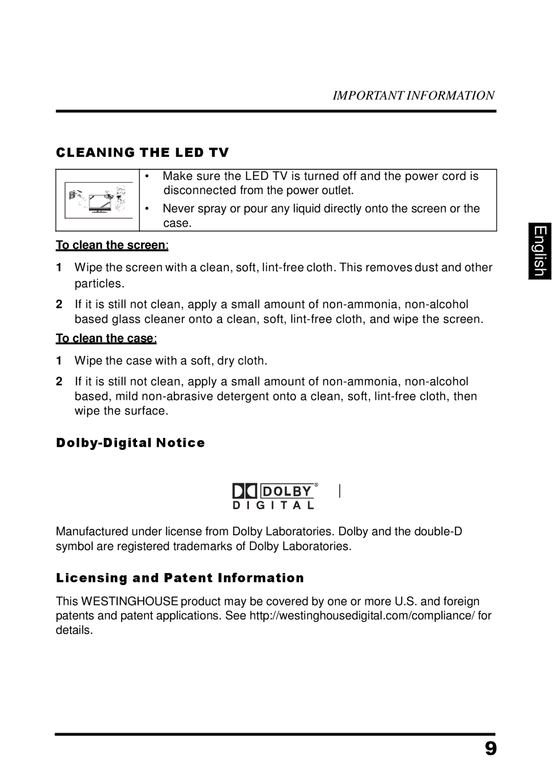 Westinghouse UW32SC1W manual To clean the screen, To clean the case 