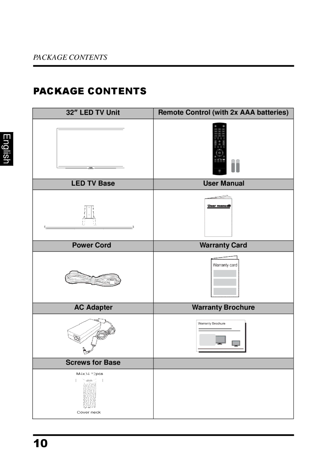 Westinghouse UW32SC1W manual Package Contents 