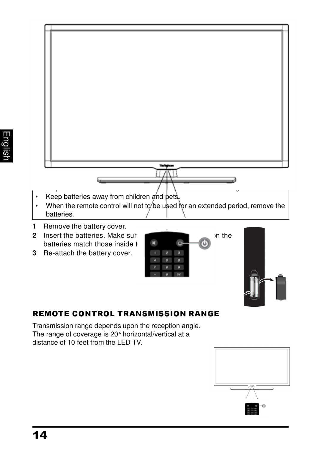 Westinghouse UW32SC1W Remote Control Operation, Installing the Remote Control Batteries, Remote Control Transmission Range 