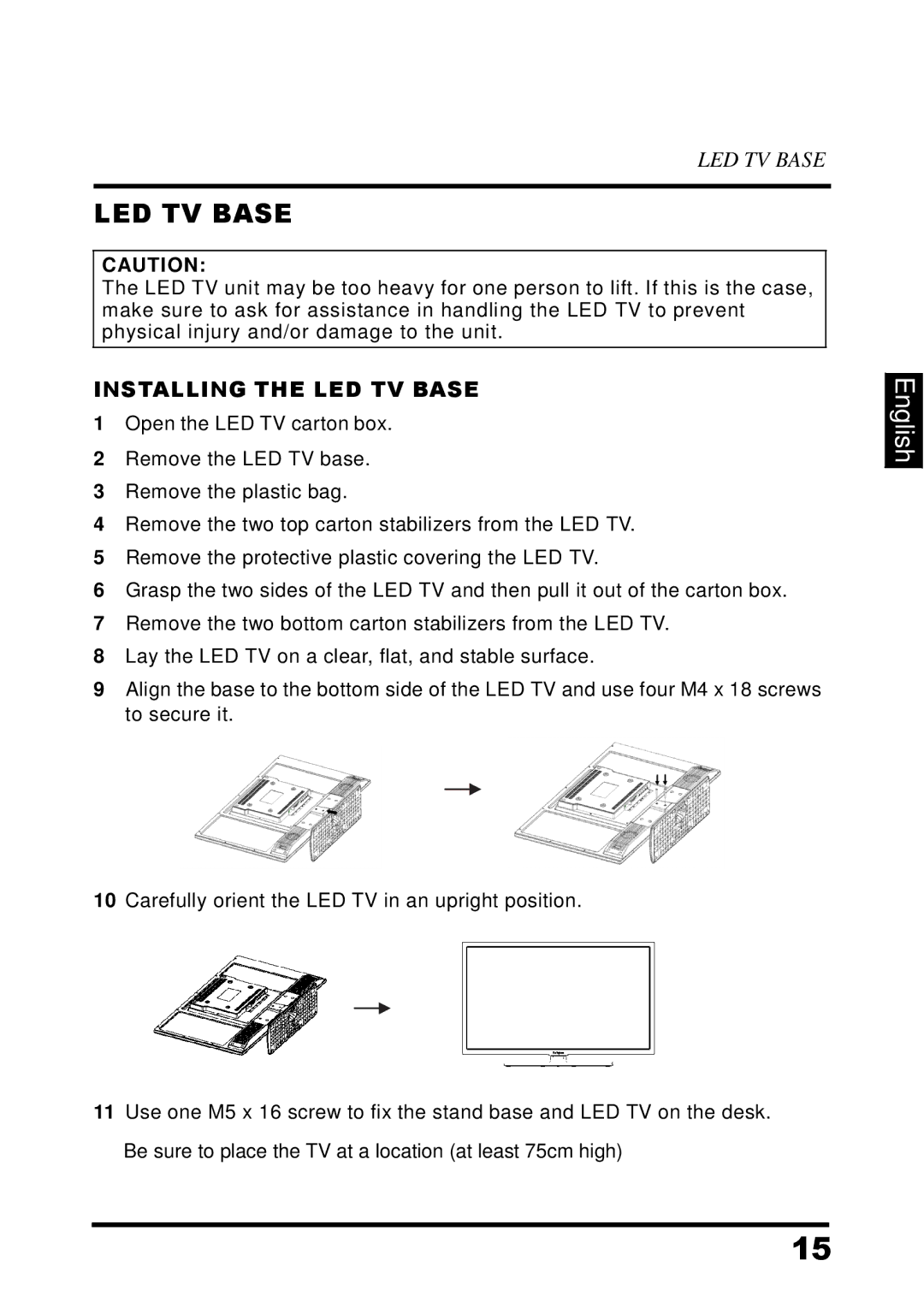 Westinghouse UW32SC1W manual Installing the LED TV Base 