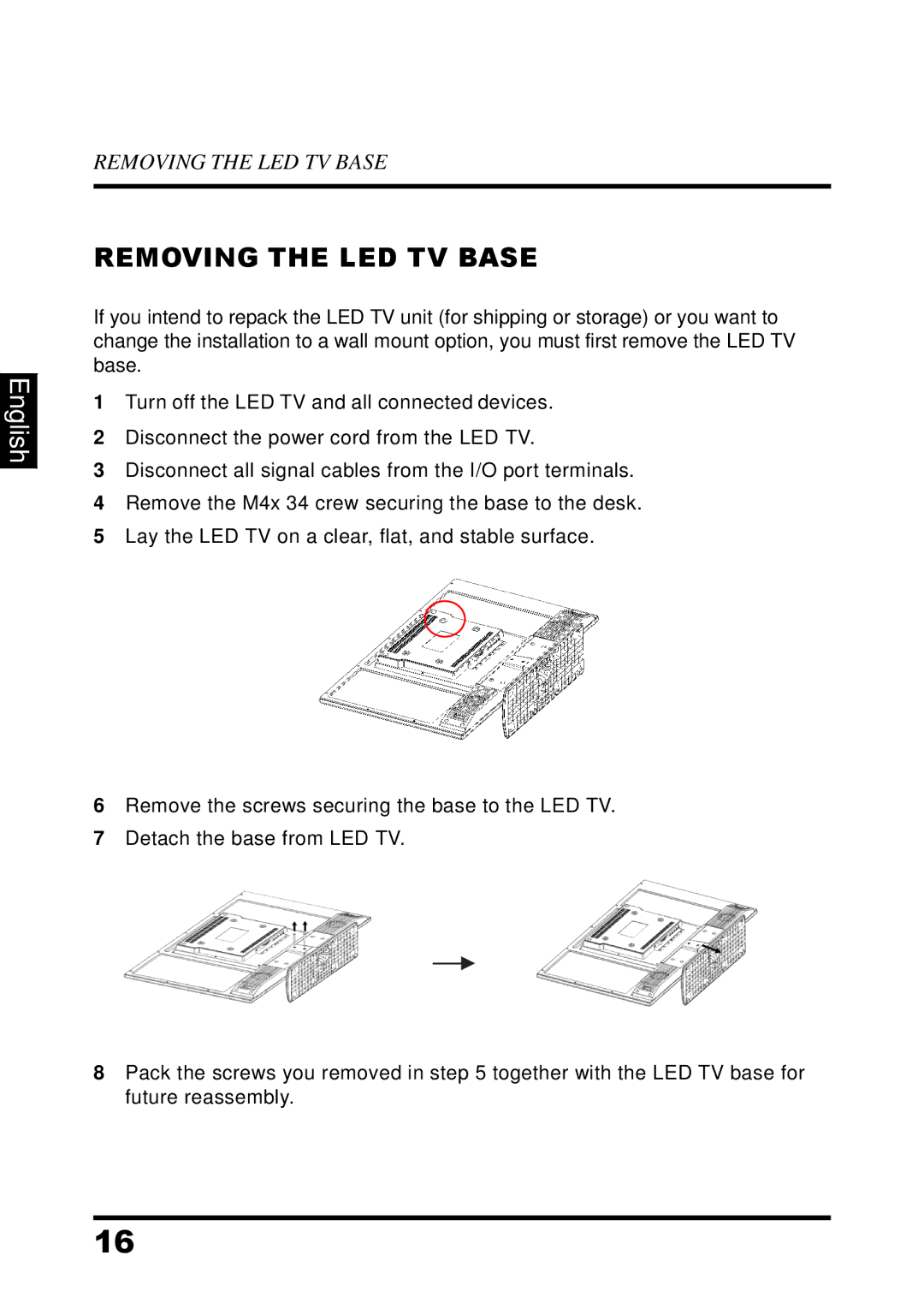 Westinghouse UW32SC1W manual Removing the LED TV Base 