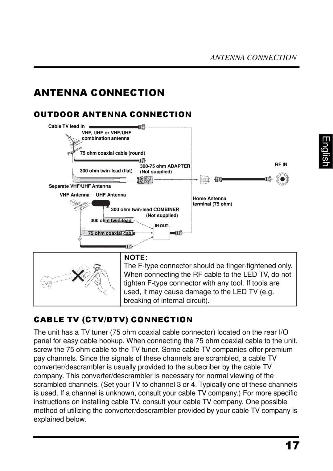 Westinghouse UW32SC1W manual Outdoor Antenna Connection, Cable TV CTV/DTV Connection 