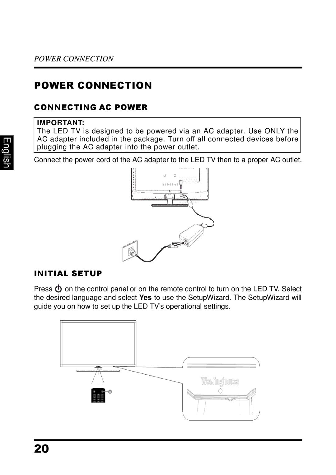 Westinghouse UW32SC1W manual Power Connection, Connecting AC Power, Initial Setup 