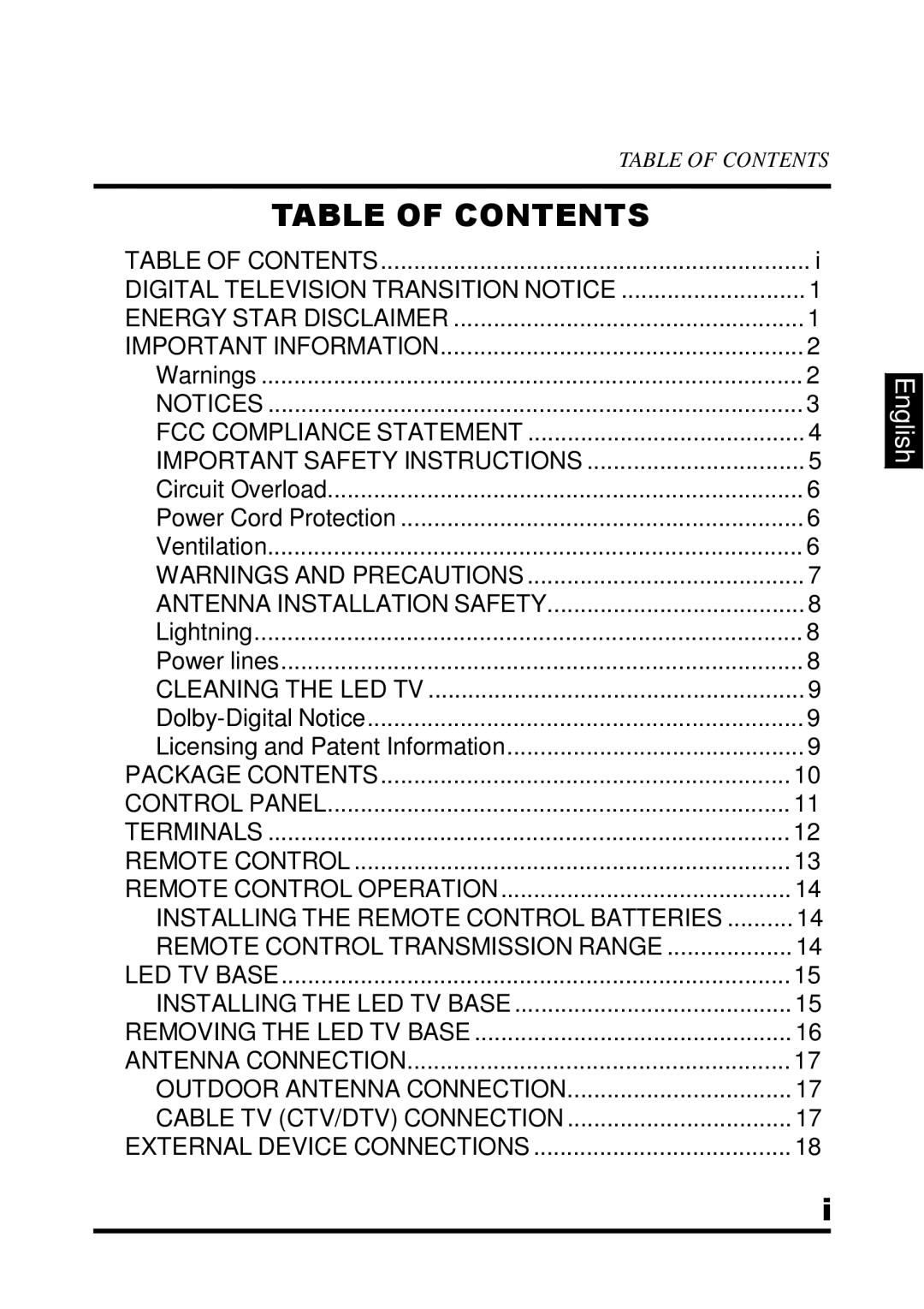 Westinghouse UW32SC1W manual Table of Contents 