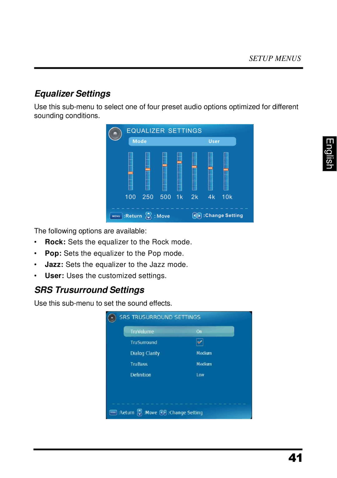 Westinghouse UW32SC1W manual Equalizer Settings, SRS Trusurround Settings 