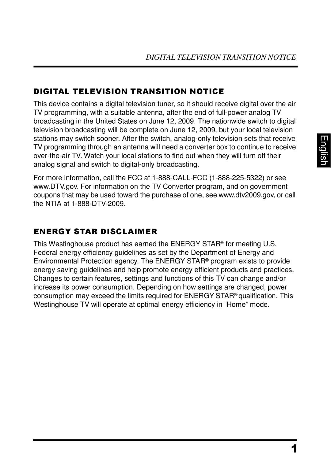 Westinghouse UW32SC1W manual Digital Television Transition Notice, Energy Star Disclaimer 