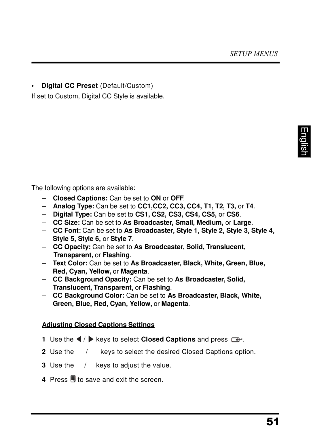 Westinghouse UW32SC1W manual Digital CC Preset Default/Custom 