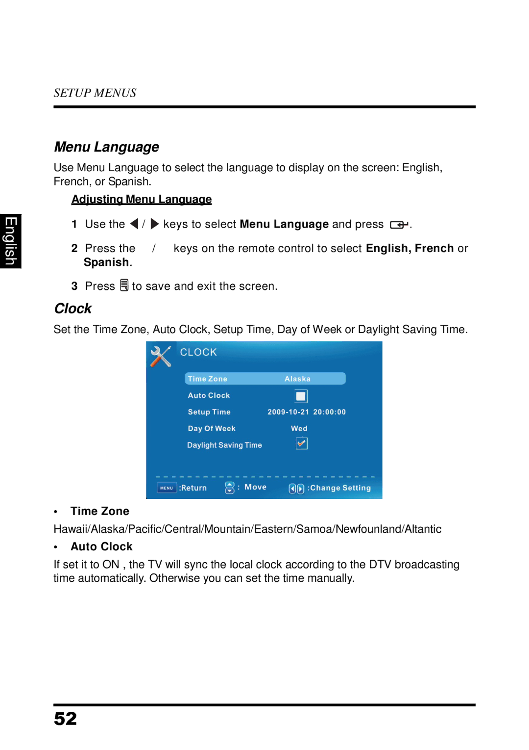 Westinghouse UW32SC1W manual Adjusting Menu Language, Auto Clock 