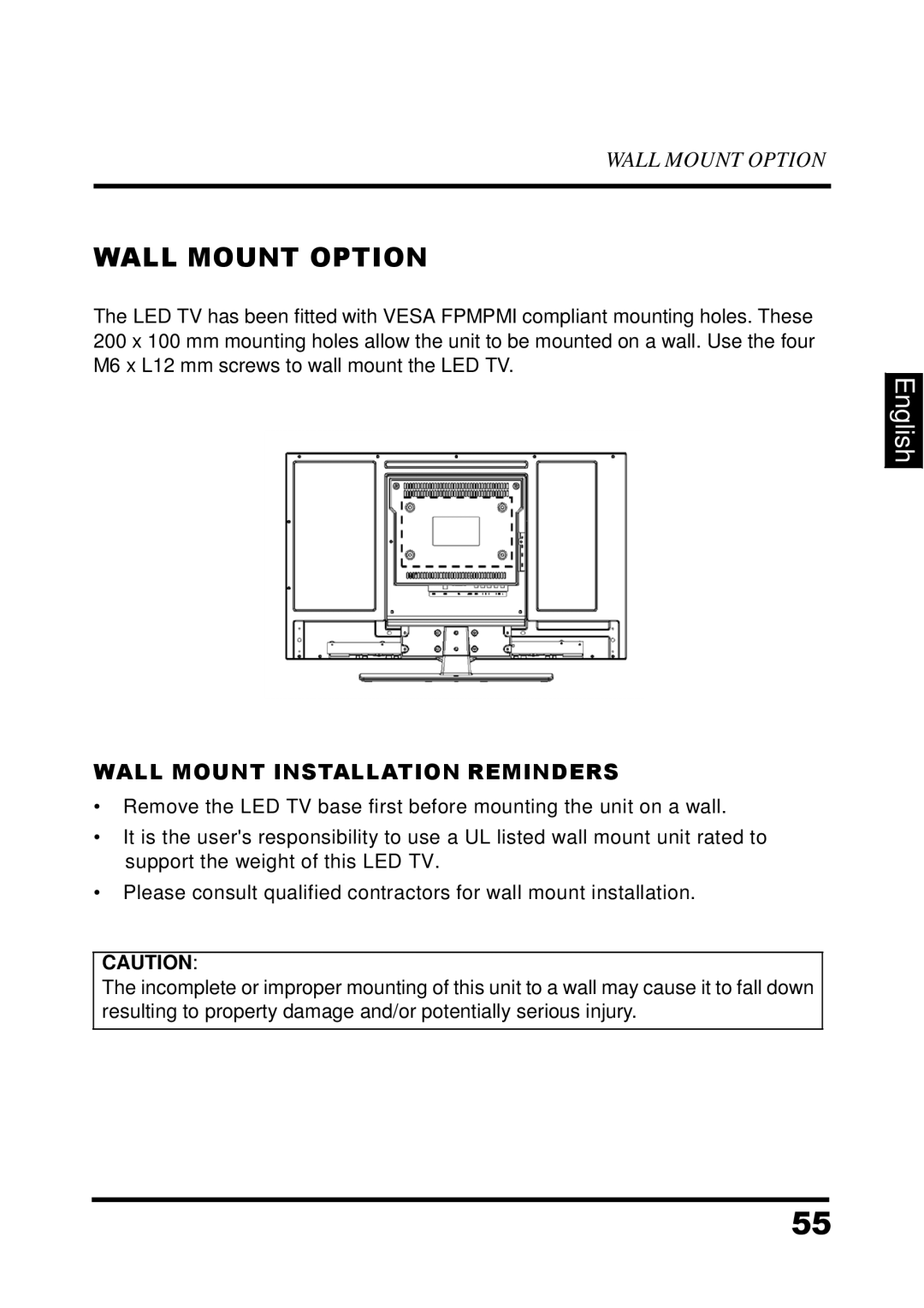 Westinghouse UW32SC1W manual Wall Mount Option, Wall Mount Installation Reminders 