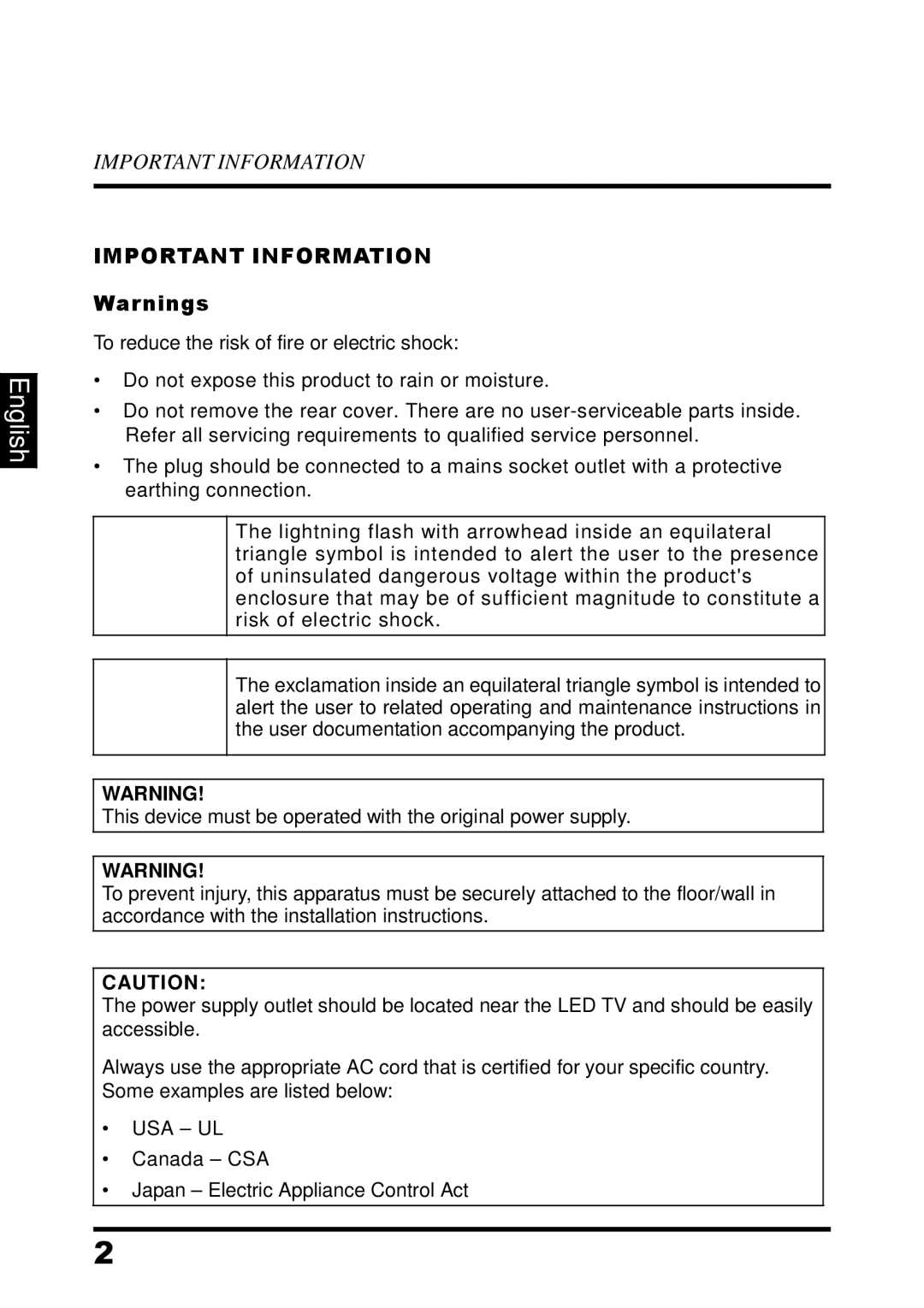 Westinghouse UW32SC1W manual Important Information 