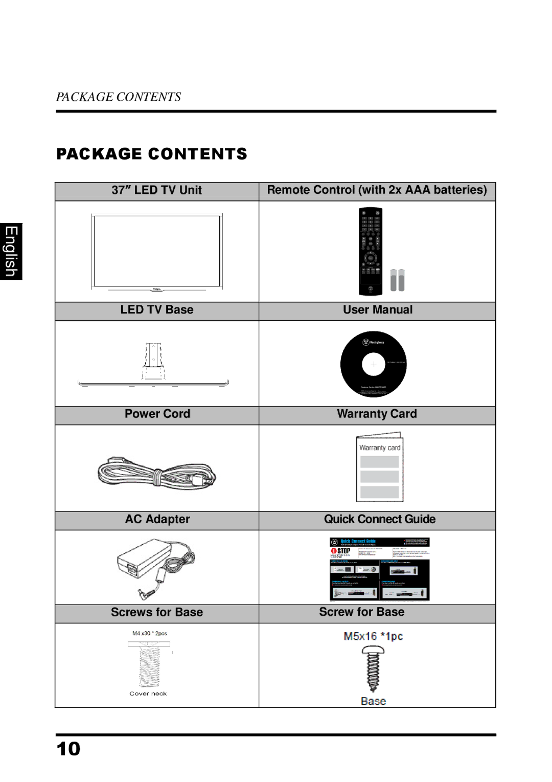 Westinghouse UW37SC1W manual Package Contents 