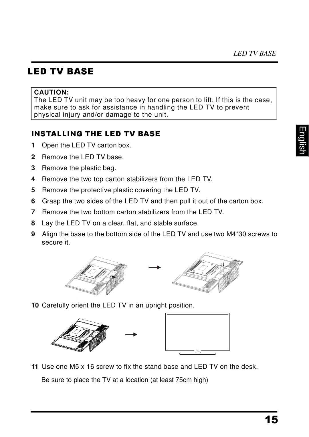 Westinghouse UW37SC1W manual Installing the LED TV Base 