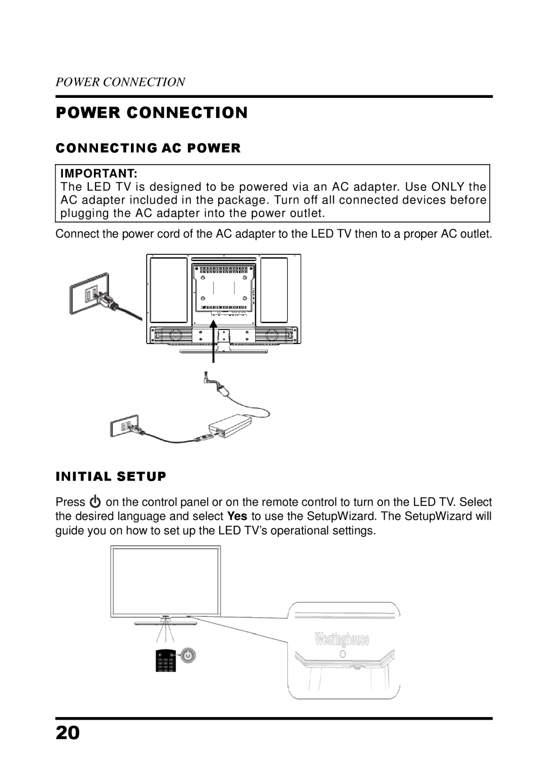 Westinghouse UW37SC1W manual Power Connection, Connecting AC Power, Initial Setup 