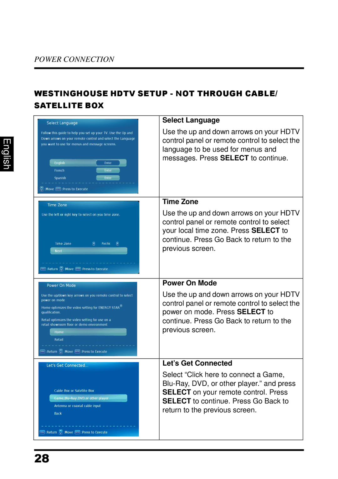 Westinghouse UW37SC1W manual Westinghouse Hdtv Setup not Through Cable Satellite BOX 