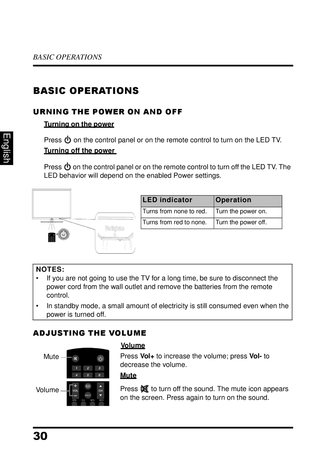 Westinghouse UW37SC1W manual Basic Operations, Urning the Power on and OFF, Adjusting the Volume 