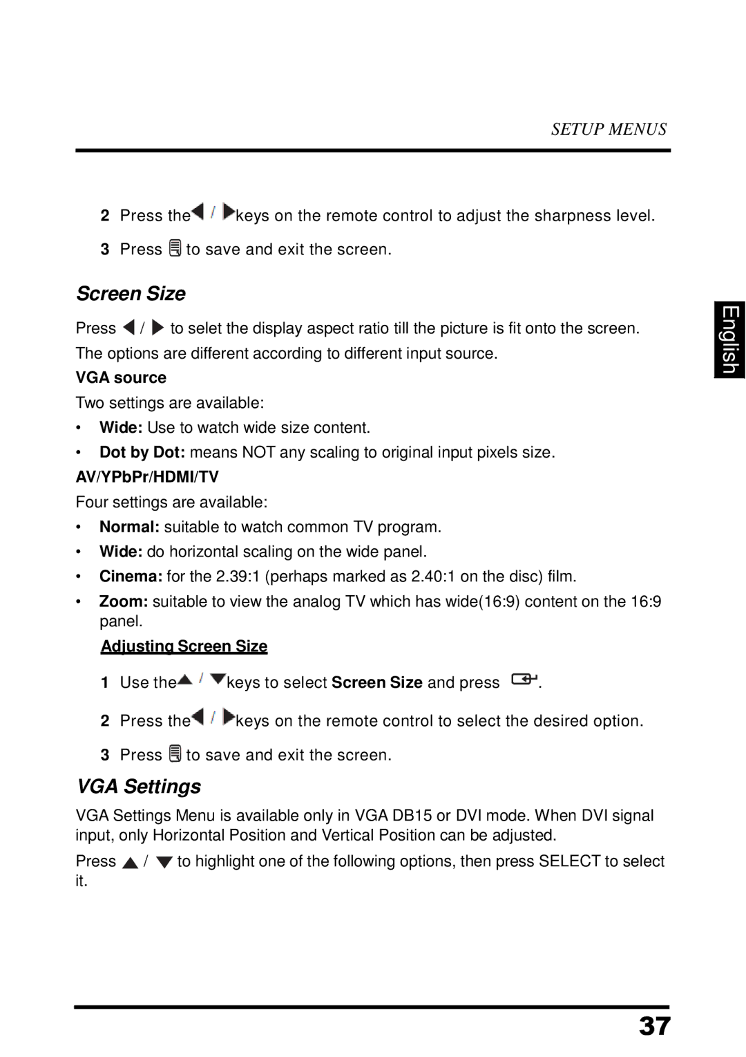 Westinghouse UW37SC1W manual VGA Settings, VGA source, AV/YPbPr/HDMI/TV, Adjusting Screen Size 