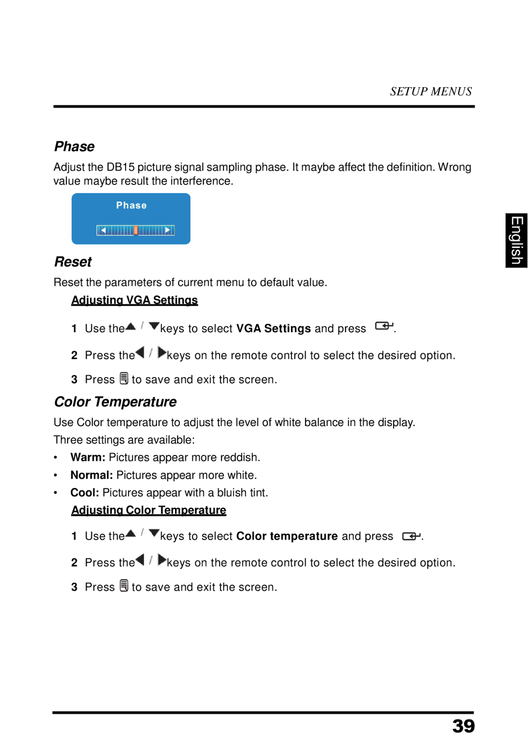 Westinghouse UW37SC1W manual Phase, Reset, Adjusting VGA Settings, Adjusting Color Temperature 