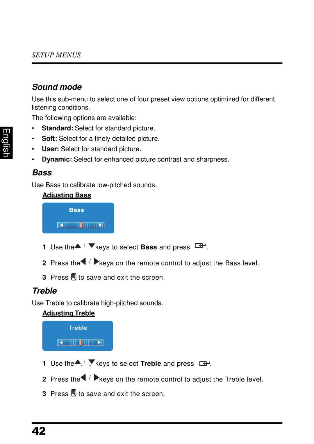 Westinghouse UW37SC1W manual Sound mode, Adjusting Bass, Adjusting Treble 