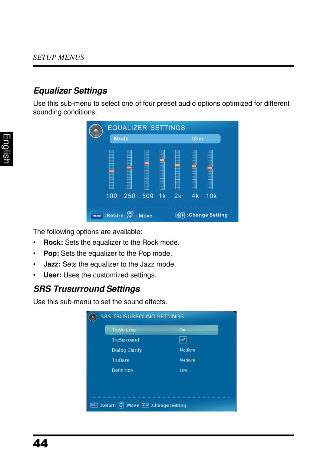 Westinghouse UW37SC1W manual Equalizer Settings, SRS Trusurround Settings 