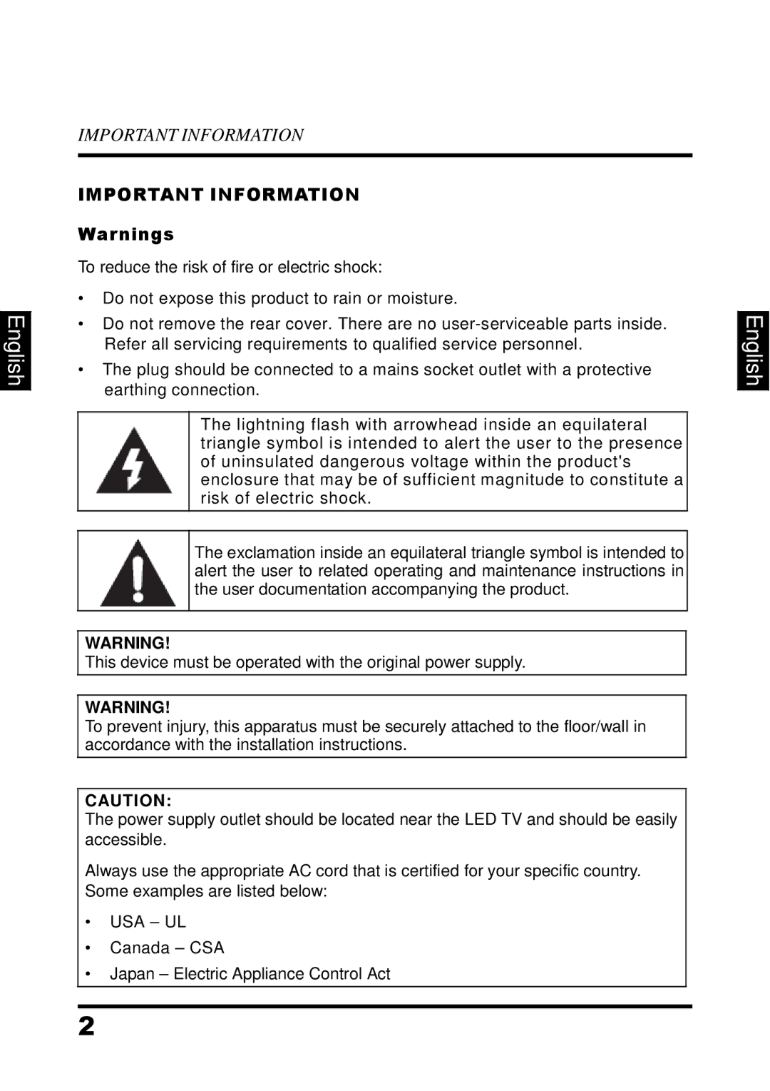 Westinghouse UW37SC1W manual Important Information 