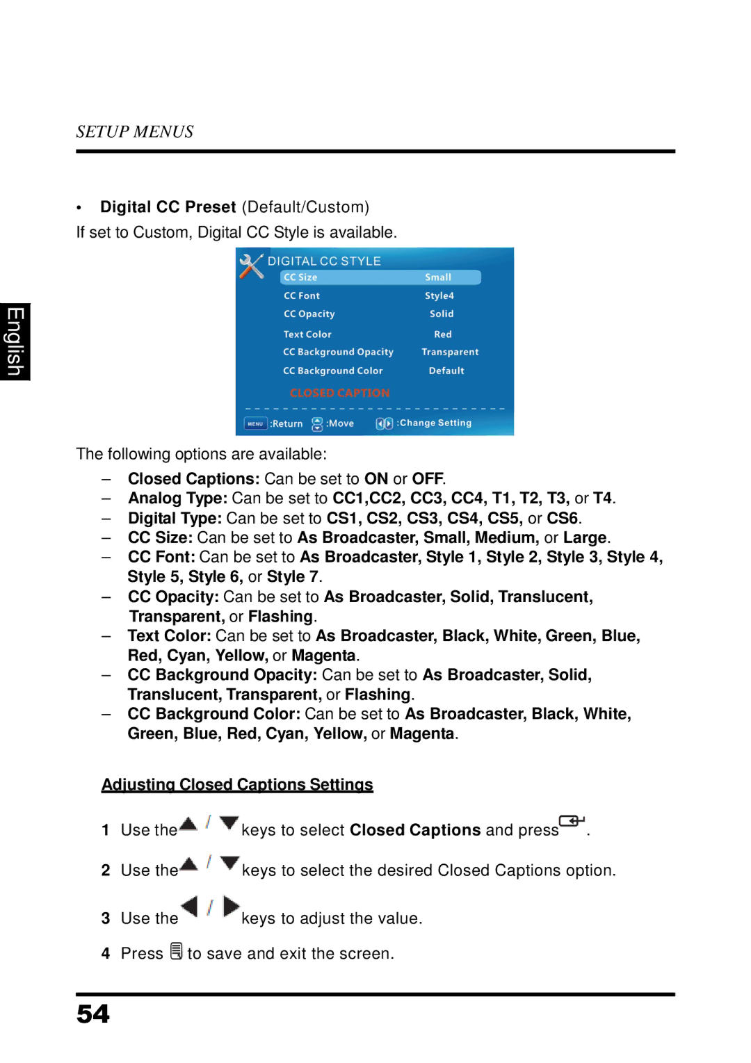 Westinghouse UW37SC1W manual Digital CC Preset Default/Custom 