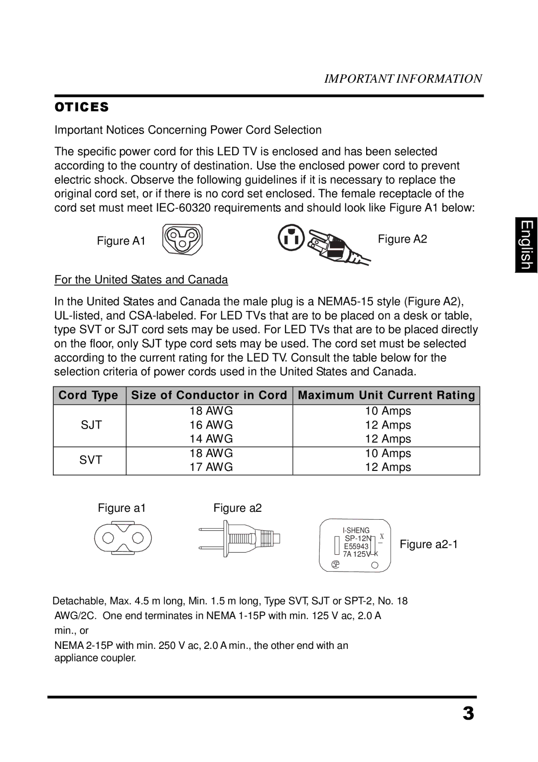 Westinghouse UW37SC1W manual Otices, Important Notices Concerning Power Cord Selection 