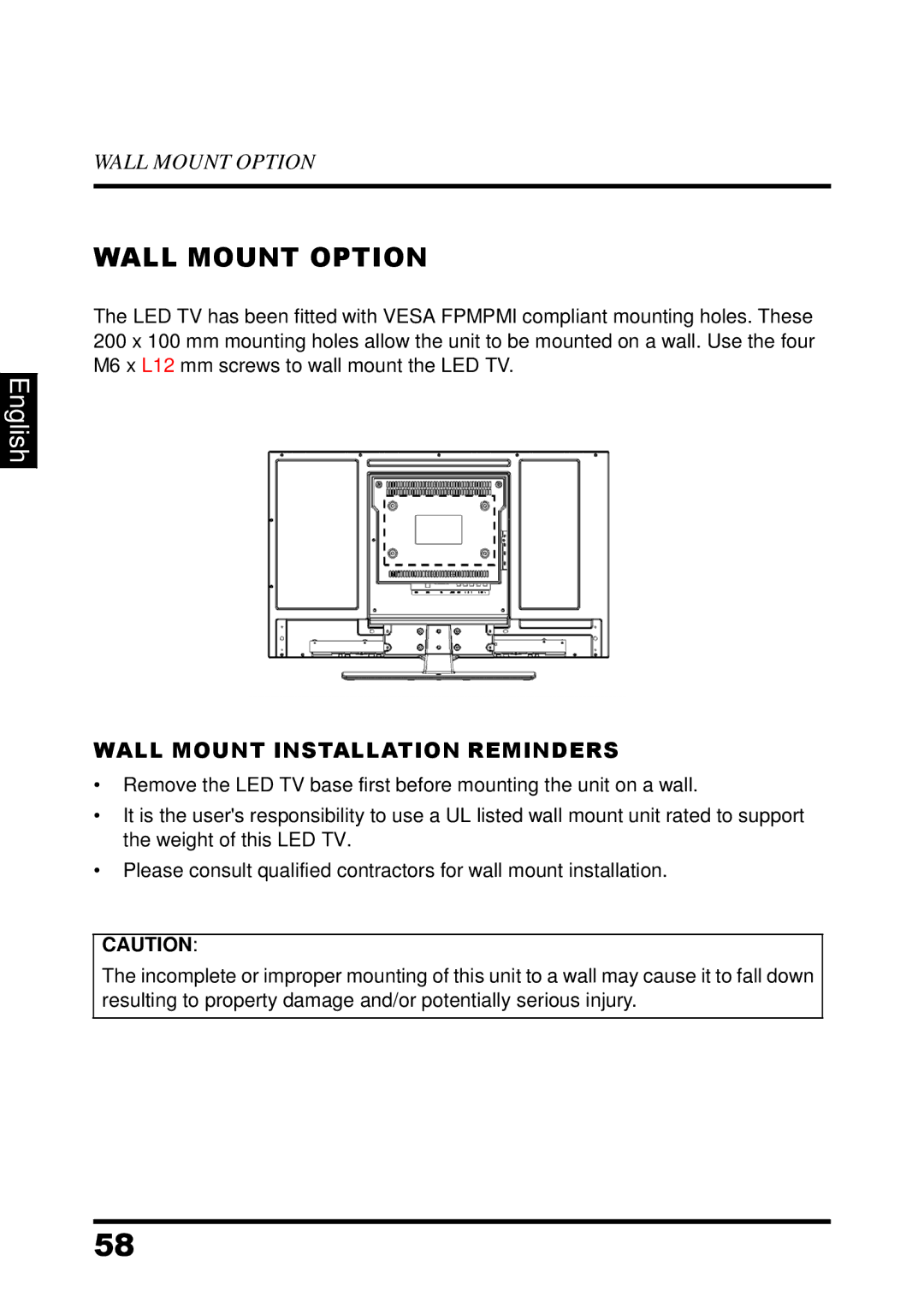 Westinghouse UW37SC1W manual Wall Mount Option, Wall Mount Installation Reminders 