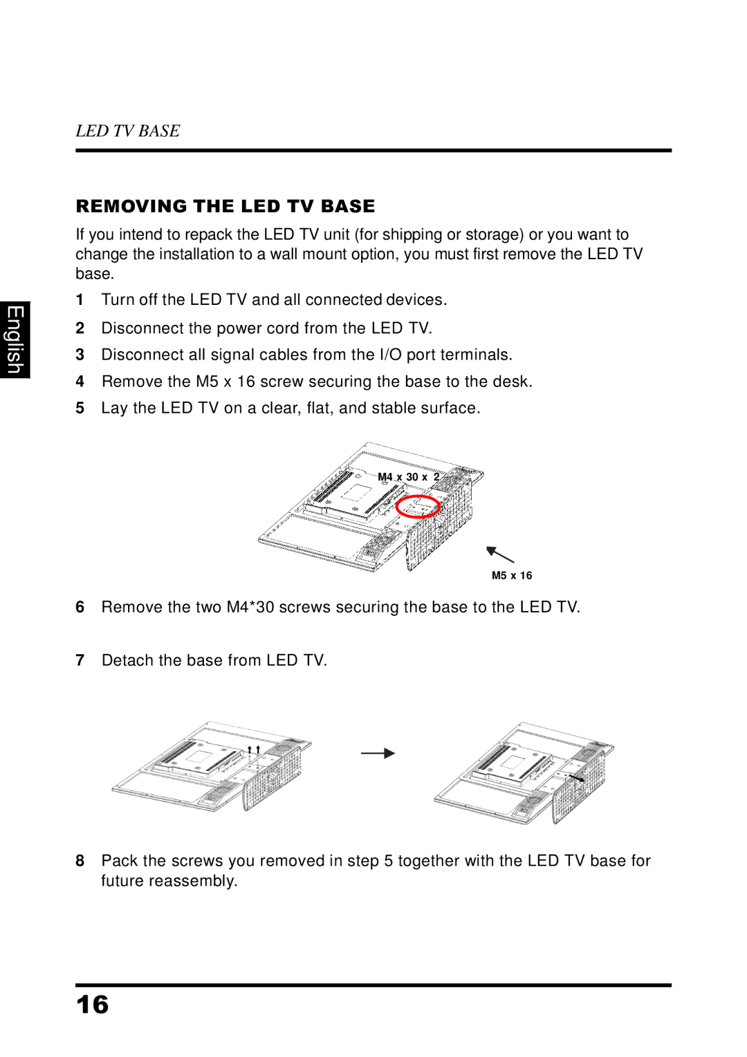 Westinghouse UW39T7HW manual Removing the LED TV Base 