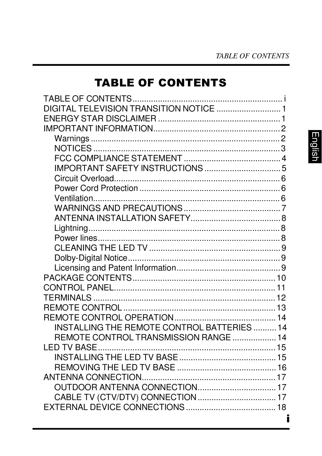 Westinghouse UW39T7HW, LED TV manual Table of Contents 