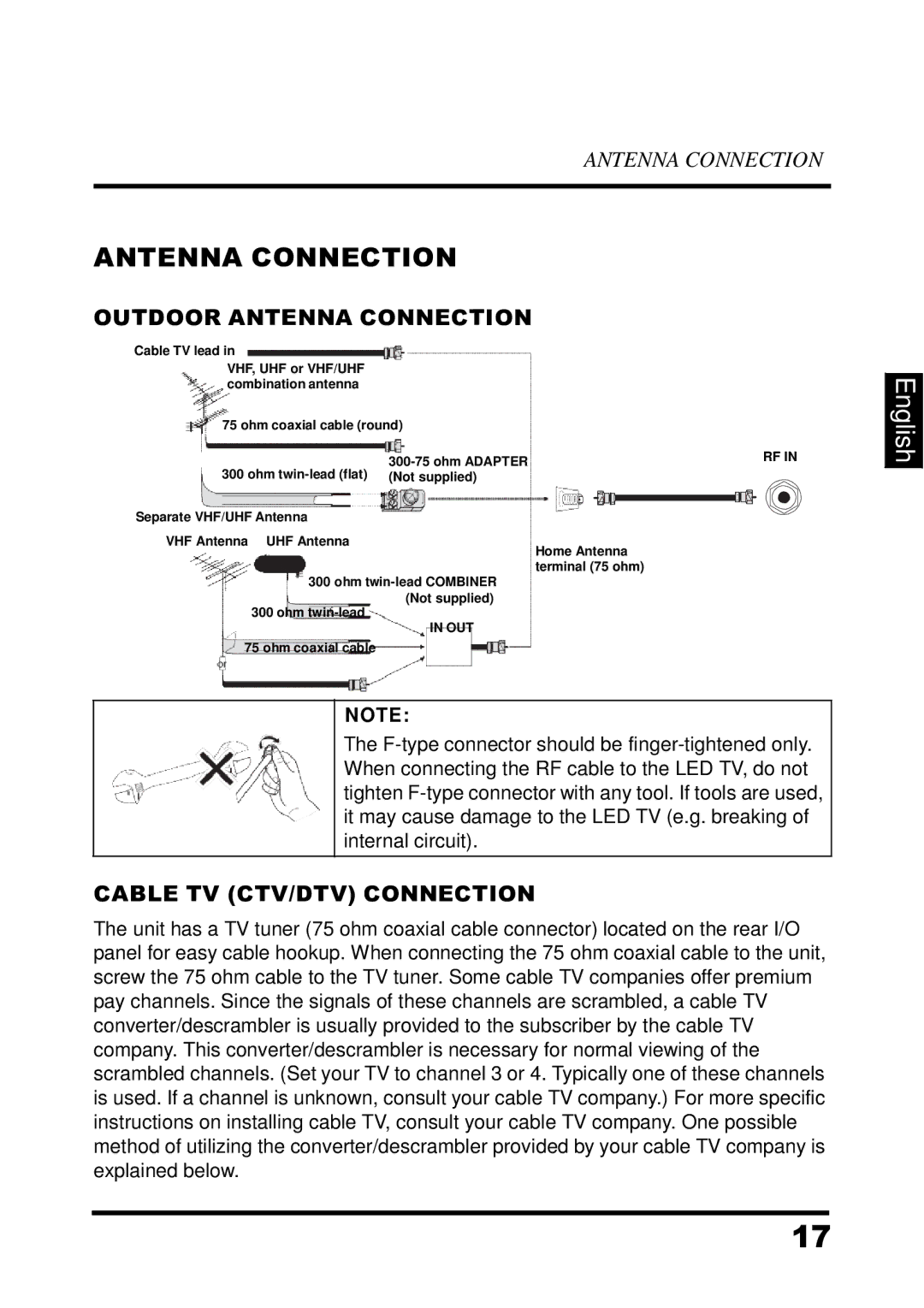 Westinghouse UW39T7HW, LED TV manual Outdoor Antenna Connection, Cable TV CTV/DTV Connection 