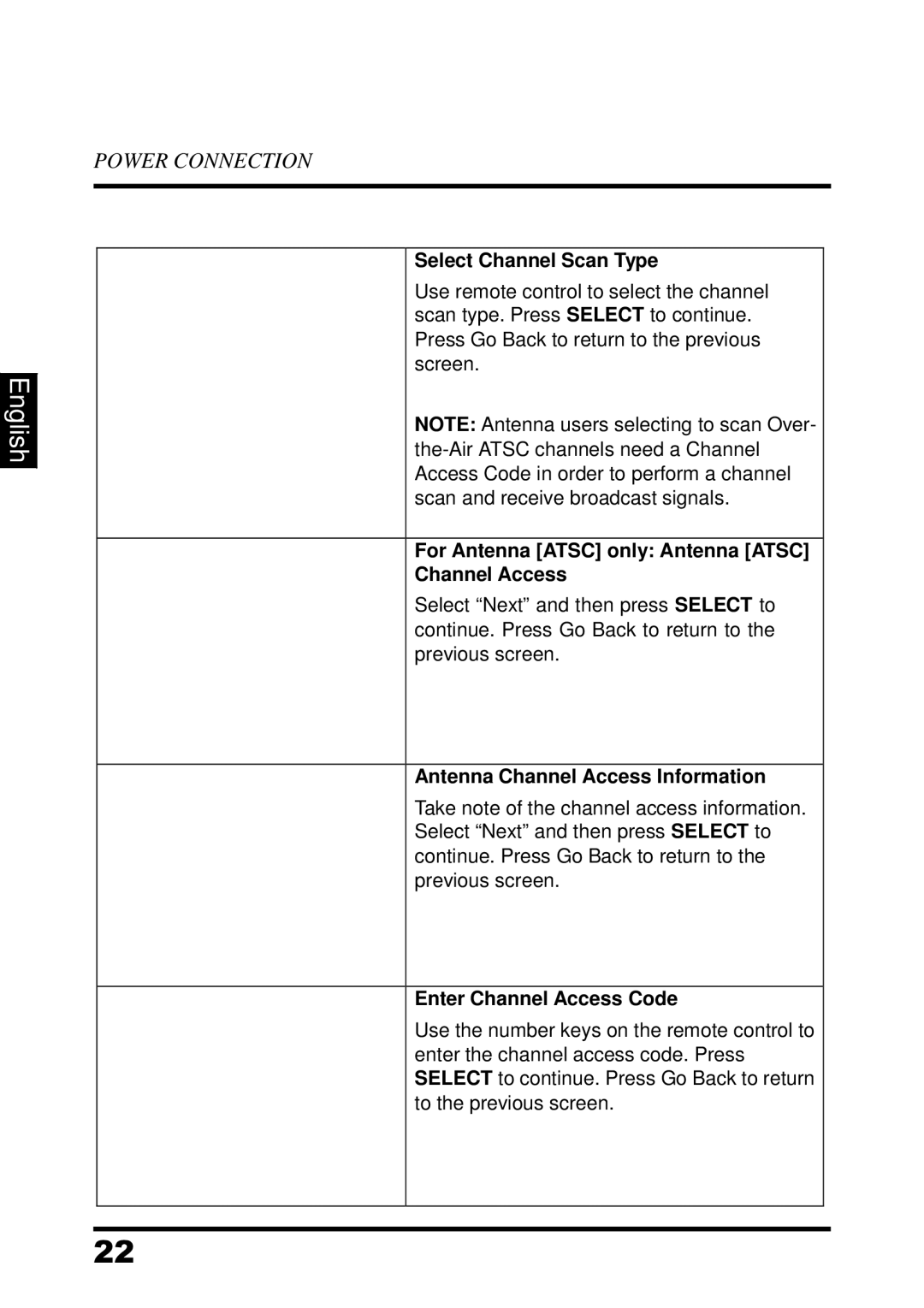 Westinghouse LED TV Select Channel Scan Type, For Antenna Atsc only Antenna Atsc Channel Access, Enter Channel Access Code 