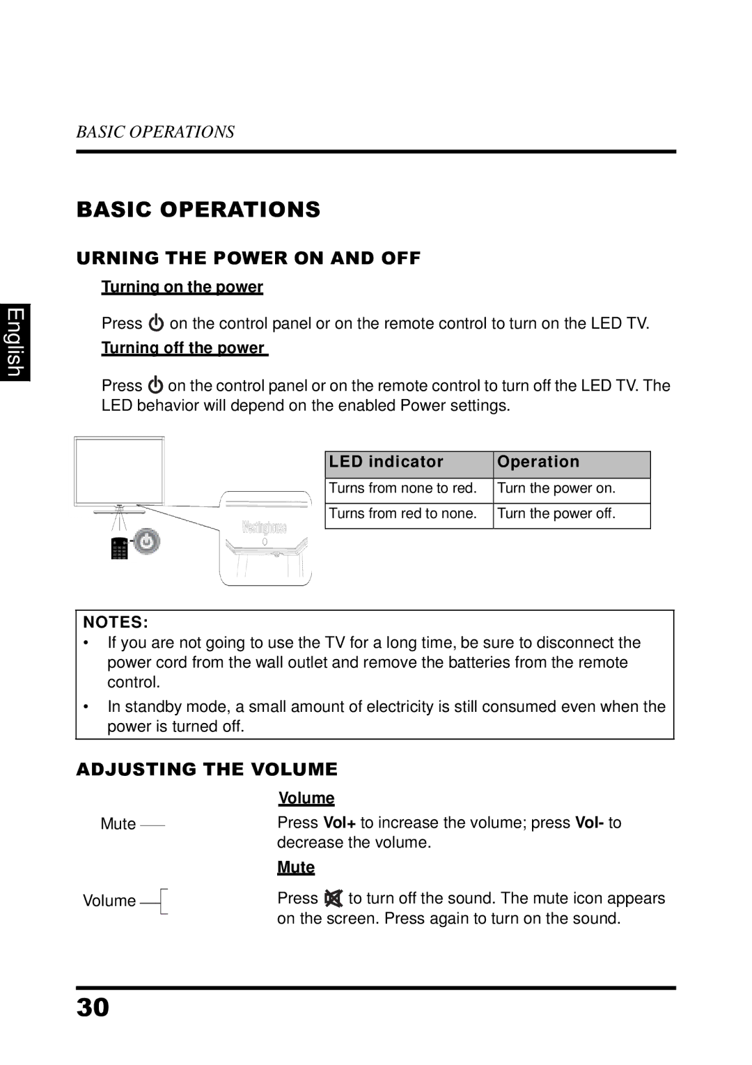 Westinghouse LED TV, UW39T7HW manual Basic Operations, Urning the Power on and OFF, Adjusting the Volume 