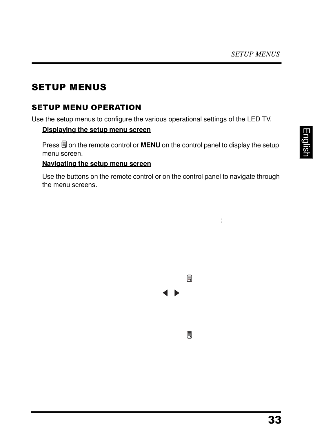 Westinghouse UW39T7HW, LED TV manual Setup Menus, Setup Menu Operation, Displaying the setup menu screen 