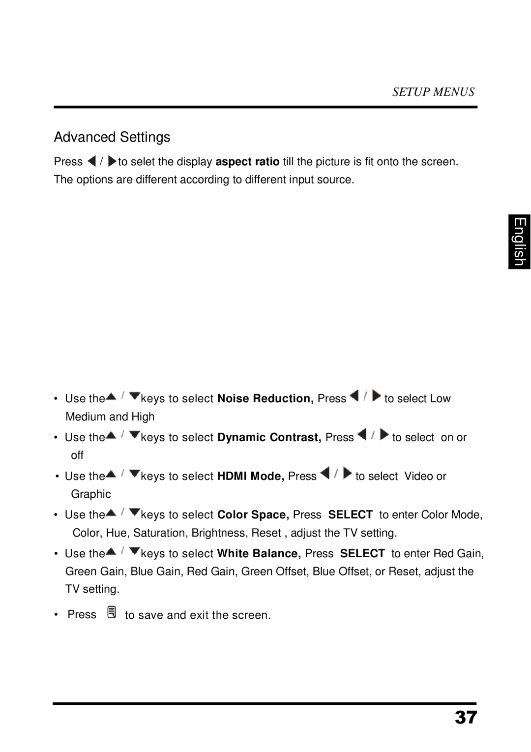 Westinghouse UW39T7HW, LED TV manual Advanced Settings 