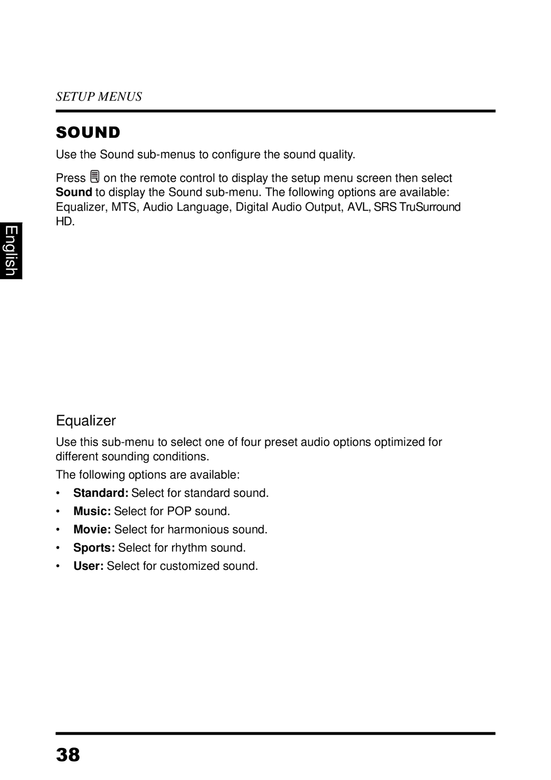 Westinghouse LED TV, UW39T7HW manual Sound, Equalizer 