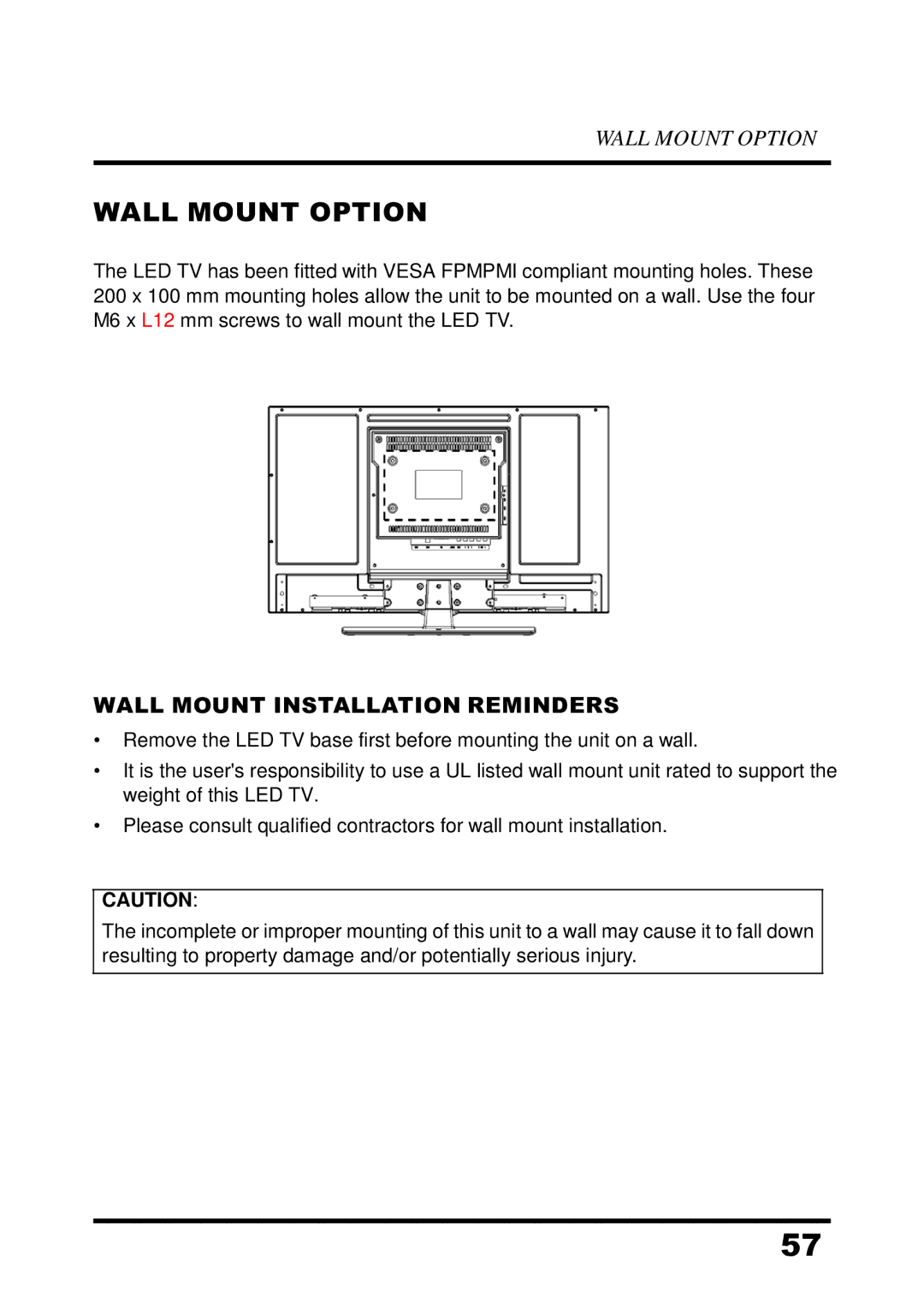 Westinghouse UW39T7HW, LED TV manual Wall Mount Option, Wall Mount Installation Reminders 