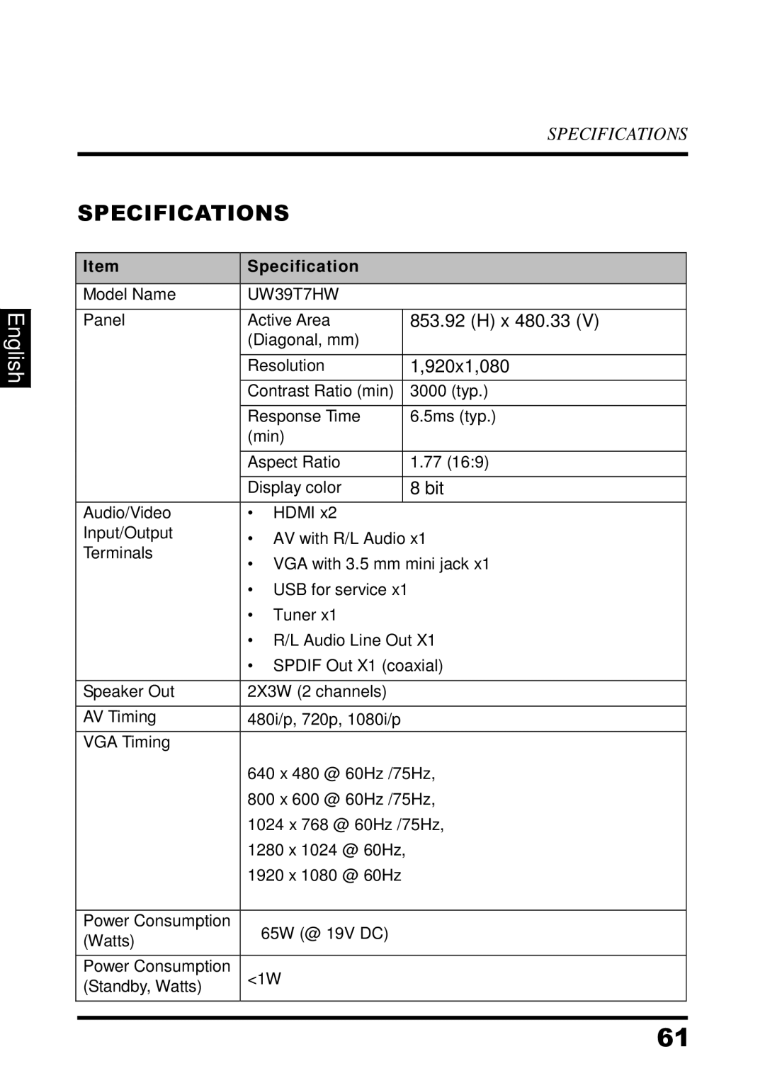 Westinghouse UW39T7HW, LED TV manual Specifications 