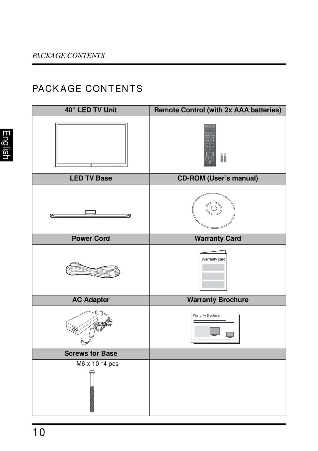 Westinghouse UW40T user manual Package Contents 