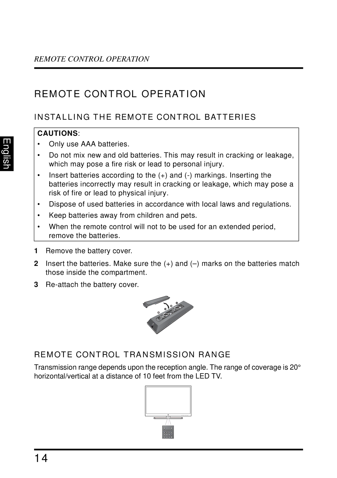 Westinghouse UW40T Remote Control Operation, Installing the Remote Control Batteries, Remote Control Transmission Range 