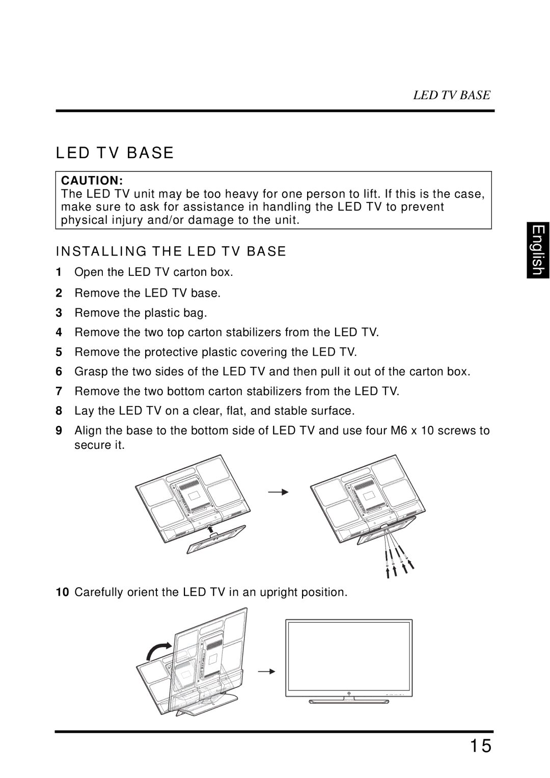 Westinghouse UW40T user manual Installing the LED TV Base 