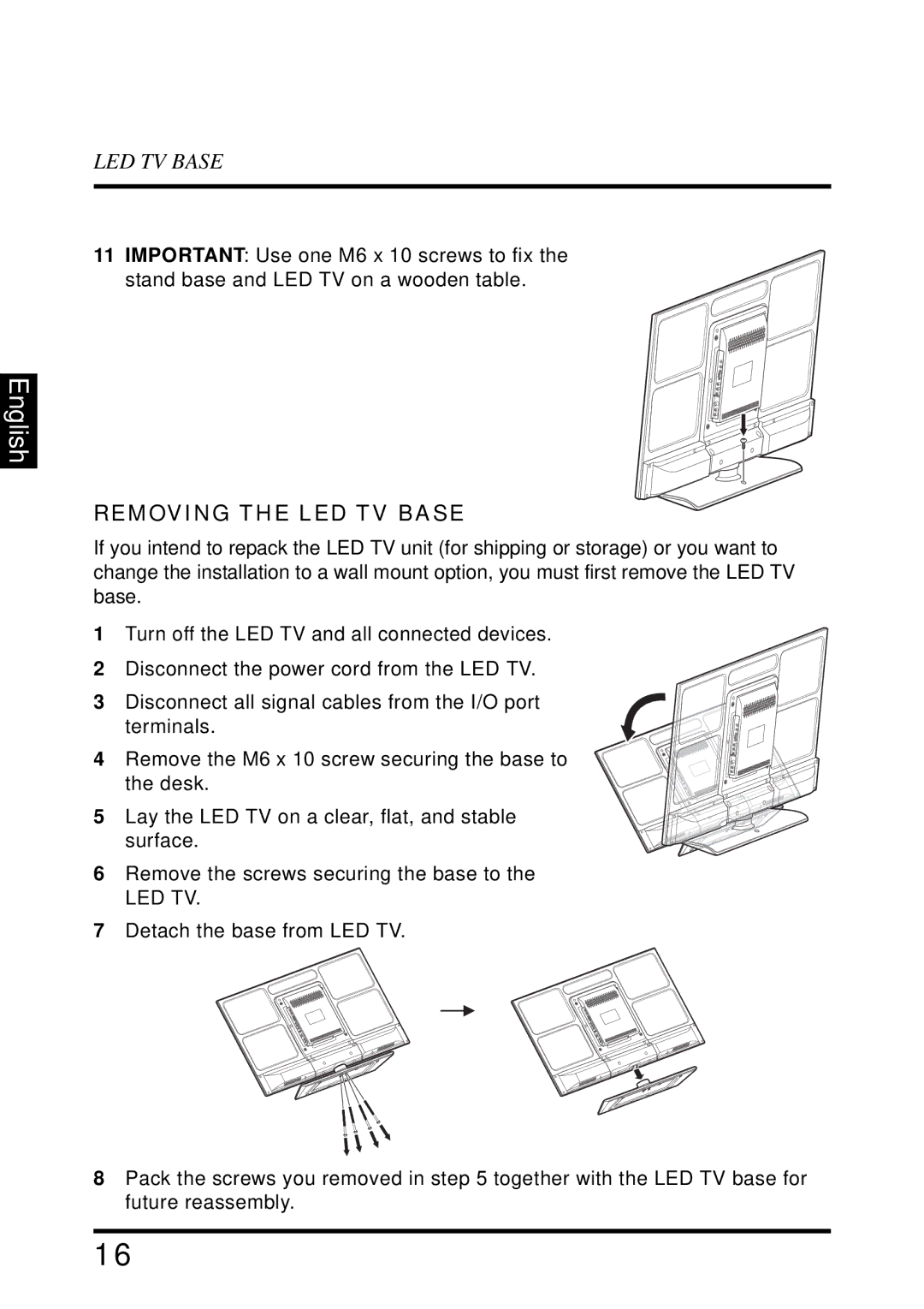 Westinghouse UW40T user manual Removing the LED TV Base 