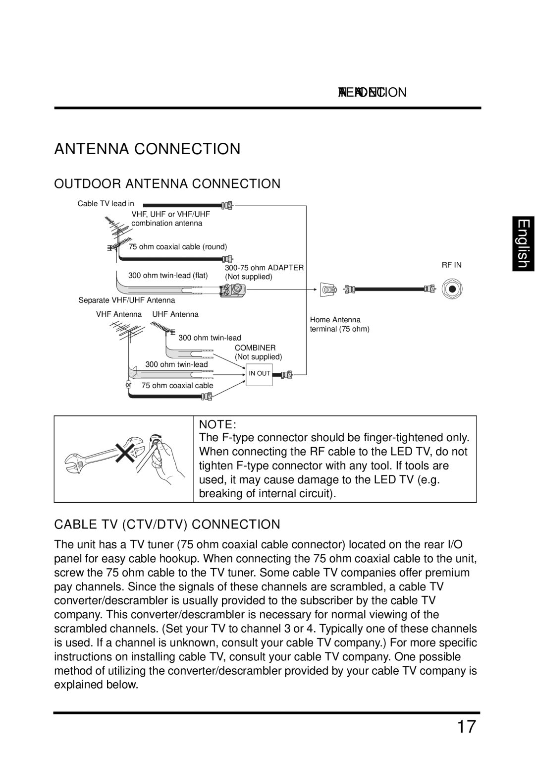 Westinghouse UW40T user manual Outdoor Antenna Connection, Cable TV CTV/DTV Connection 