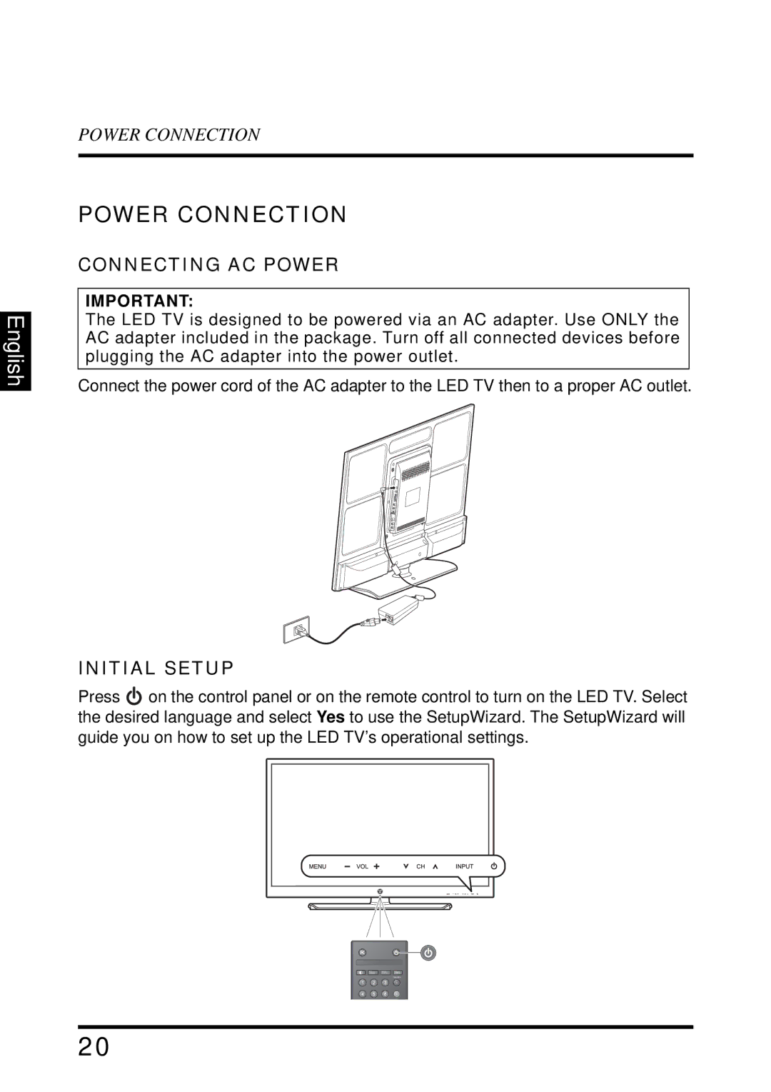 Westinghouse UW40T user manual Power Connection, Connecting AC Power, Initial Setup 