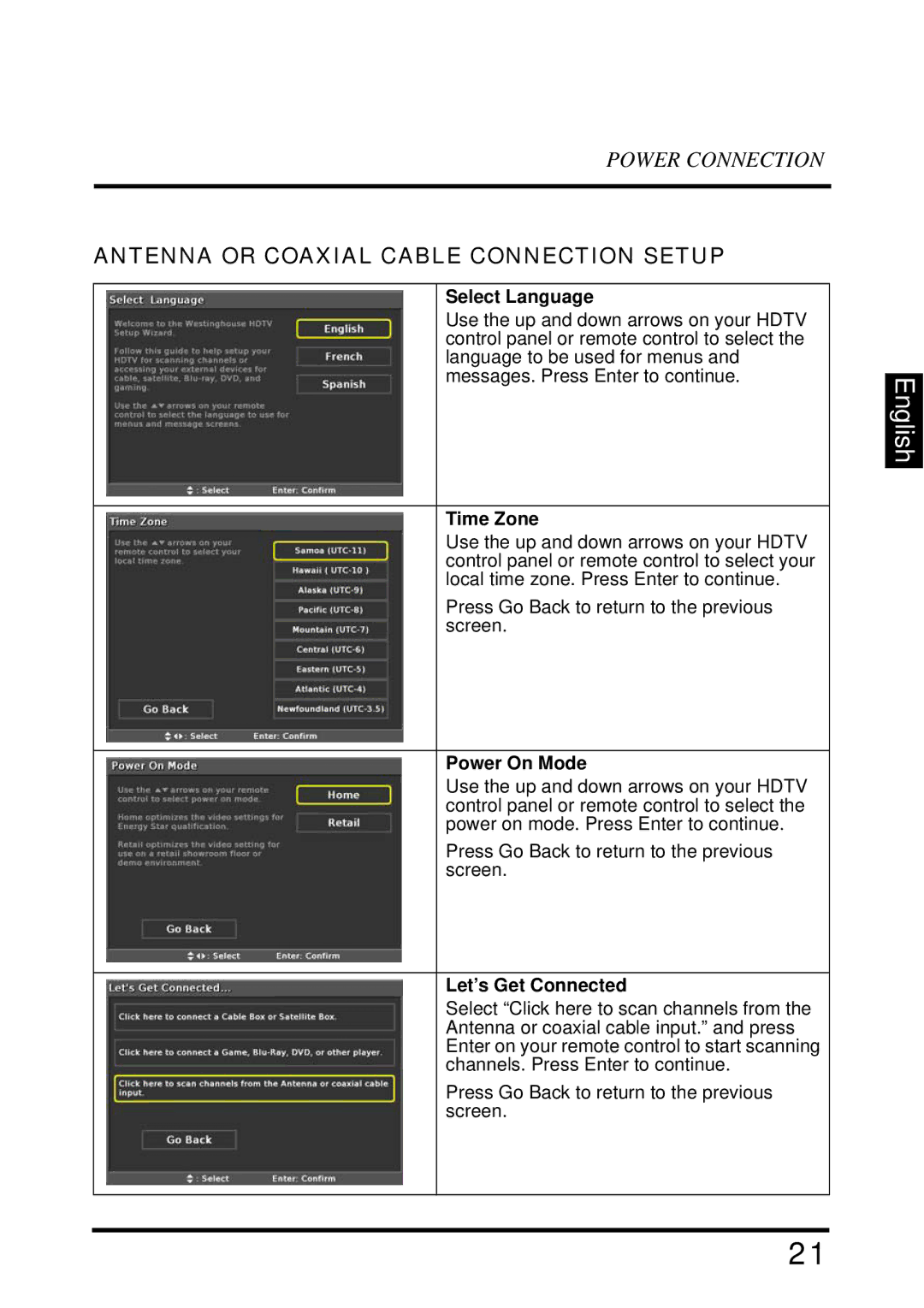 Westinghouse UW40T user manual Antenna or Coaxial Cable Connection Setup, Select Language 