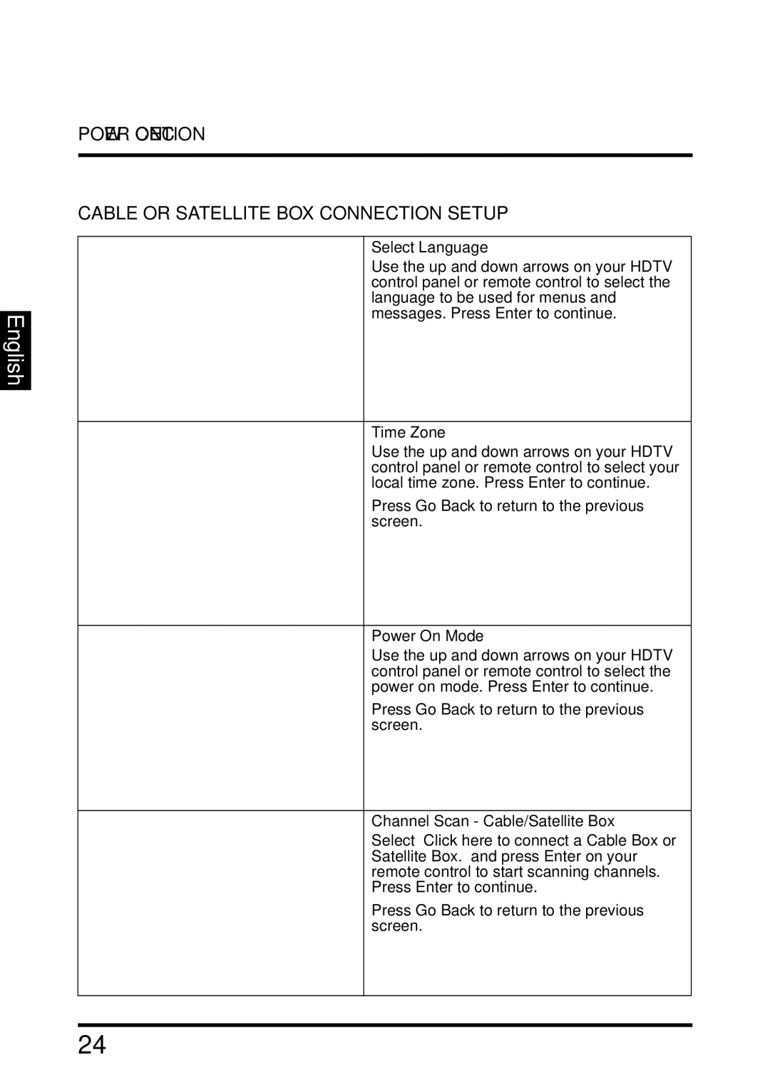 Westinghouse UW40T user manual Cable or Satellite BOX Connection Setup, Channel Scan Cable/Satellite Box 