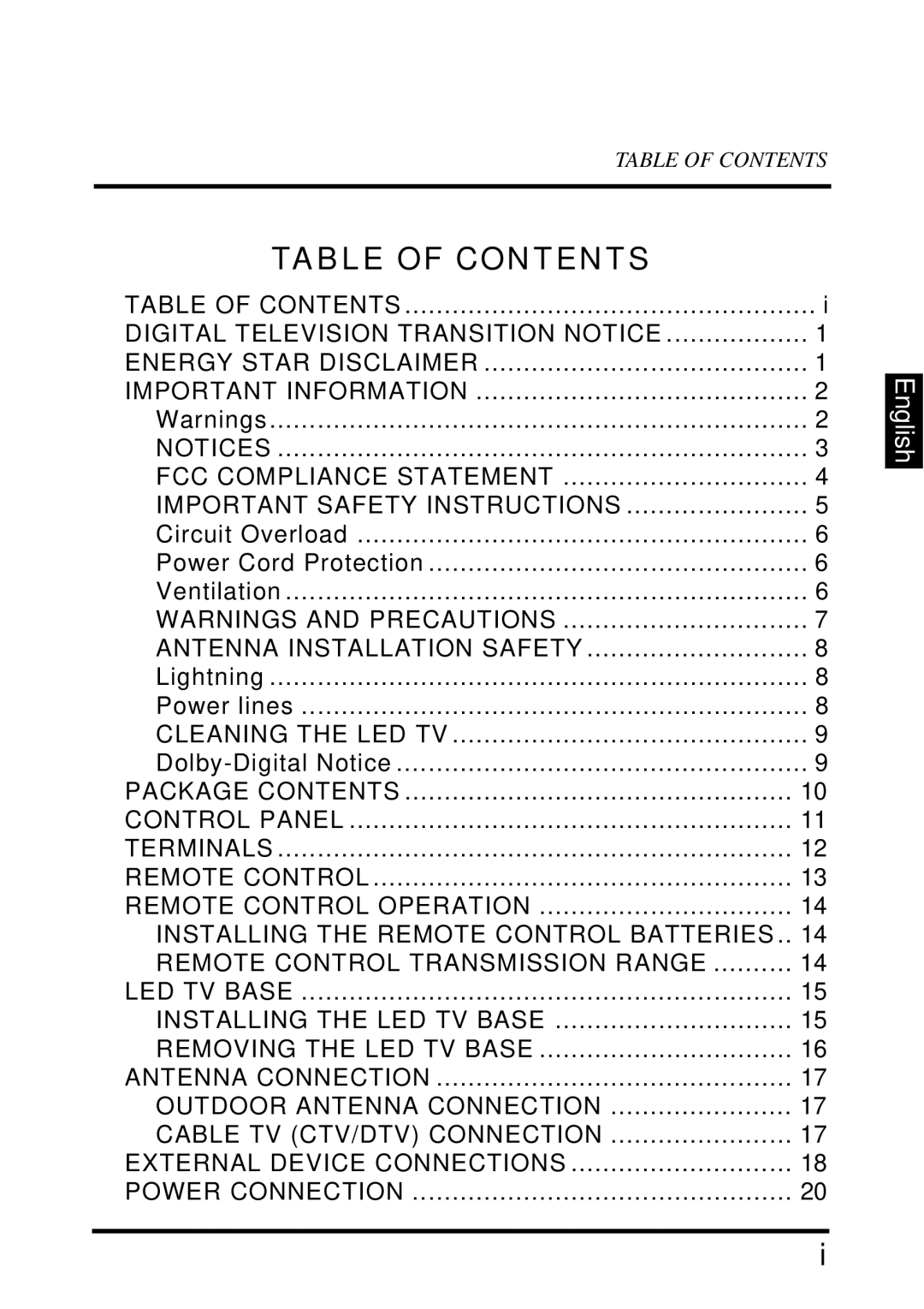 Westinghouse UW40T user manual Table of Contents 